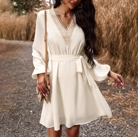 NWT Prettygarden Beige V Tie Belt Long Sleeve Boho Bohemian Flowy Mini Dress M - Picture 11 of 12